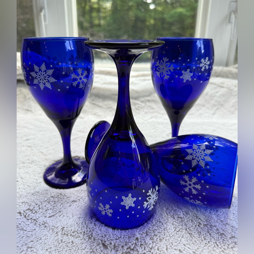 4x Vintage Libbey Snowflake cobalt blue glass